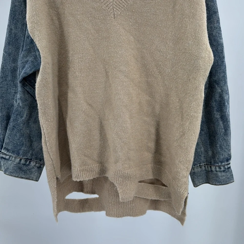 Entro Tan V-Neck denim sleeve contrast distressed sweater casual mixed material - Picture 8 of 13
